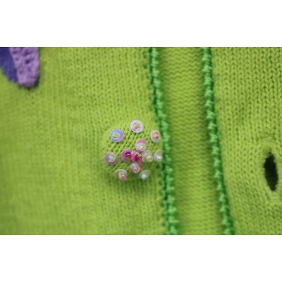 Quaker Factory Lime Green Embroidered Beaded Sweater-Large-Button Up-Birds - Picture 8 of 15